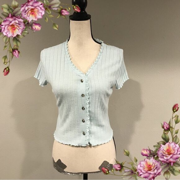 Baby blue button down knit crop sweater - Picture 1 of 11